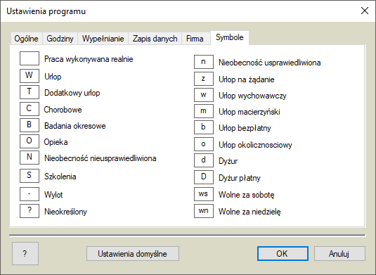 Opcje programu - symbole pracy