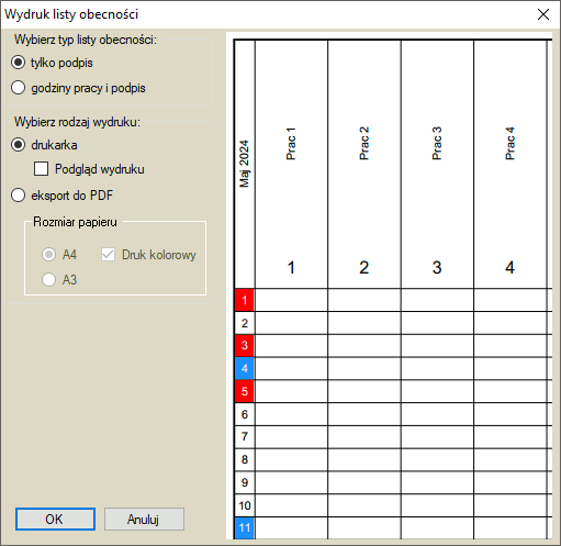 Wydruk listy obecności